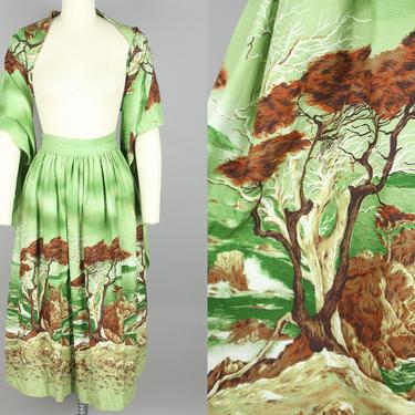 1950s Lone Cypress Tree Skirt & Wrap · Vintage 50s Cotton Border Print Skirt with Shawl · small / medium 