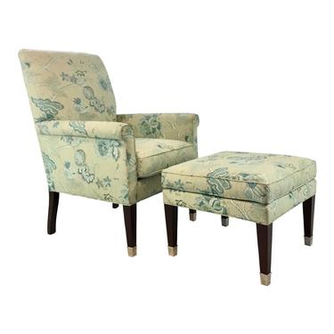 Hickory Chair Traditional Blue and Green Floral Print Chair and Ottoman Set