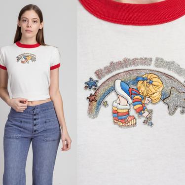 80s Rainbow Brite Ringer Tee - Extra Small | Vintage Glitter Graphic Cartoon Cropped T Shirt 