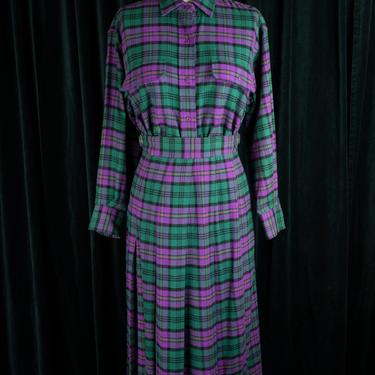 Vintage 1980s Cambridge Matching Purple and Green Plain Flannel Shirt and Skirt Set with Buckle Waist Detail 