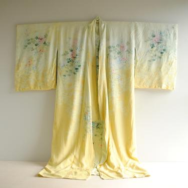 Vintage Silk Kimono in Yellow and Mint Green with Floral Design, Women's Kimono Silk Robe 