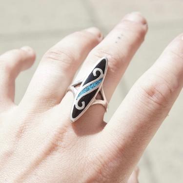 Vintage Sterling Silver Onyx & Mosaic Turquoise Inlay Ring, Long Finger Navette Ring,  Silver Swirl Design, Ring Size 9 1/4 US 