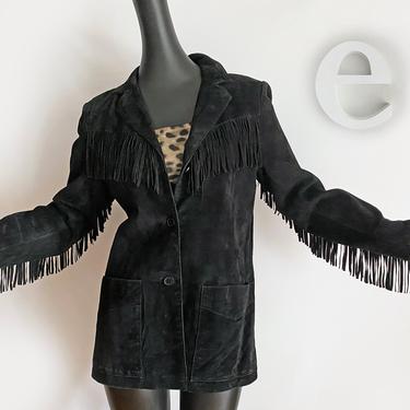 Long Lean Fringe Jacket • Jet Black Genuine Suede Leather • Western Cowboy Cowgirl Rockabilly Hipster Southwest Styling Vintage 80s 90s Y2K 