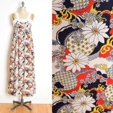 vintage 70s maxi dress psychedelic floral daisy print long babydoll sun dress XS clothing 