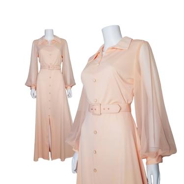 Vintage Pastel Maxi Dress, Medium / 1970s Chiffon Sleeve Button Dress / Sheer Blouson Sleeve Hostess Dress / Flared Spring Cocktail Dress 