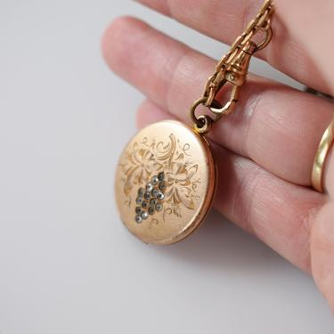 Antique Gold-Filled Grape Cluster Locket with Deco Fob Chain | Victorian/Edwardian Photo Locket with Rhinestones 