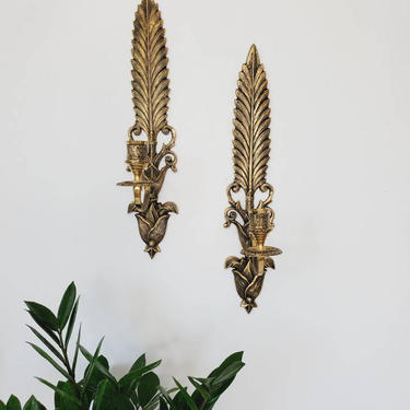 Vintage Lacquered Brass Feather Wall Sconce Candleholder Set 
