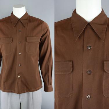 1940s Long Sleeved Twill Shirt | Vintage 40s Men's Button Up Shirt with Large Collar | Large 