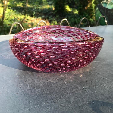 Murano Venini Controlled Bubble Art Glass Cigar Ashtray Bowl Vintage Mid-Century Hydrangea Pink Sommerso Ravenna 