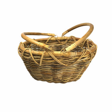 Vintage Rattan Shopping Basket with Handles, Structured Rattan Farmers Market Basket 