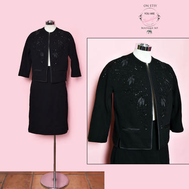 Black Beaded Matching SUIT, Skirt, Jacket, Cardigan Sweater Black Knit 1950's, 1960's Womens Vintage Suit, Evening Dress 