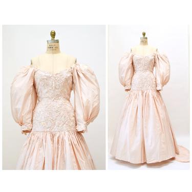 Vintage 80s Pink Ball Gown Wedding Dress Beaded Sequin Small Medium Pink Princess Diana Dress Gown //80s Pink Wedding Dress Princess Gown 