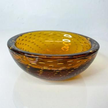 Modern MURANO Art Glass Bowl in Amber Controlled Bubble ITALY 1970s 