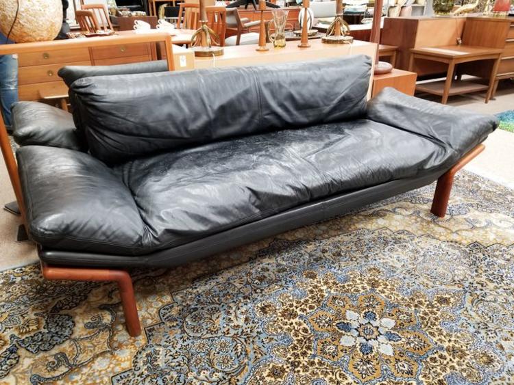 Danish Modern teak sofa with black leather and down filled cushions