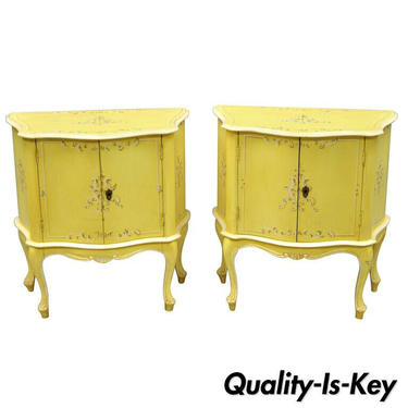 Pair of Small Italian Florentine Yellow Floral Painted Bombe Commode Side Chest