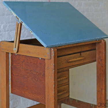 vintage wood tilting drafting table, antique desk with baby-blue accents, South Dakota historic piece 