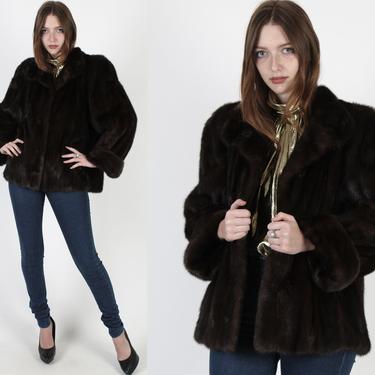 Womens Cropped Mink Fur Jacket / Vintage 80s Mahogany Mink Coat / Short Fur Back Collar / Plush Natural Brown Opera Cuff Sleeve Jacket 
