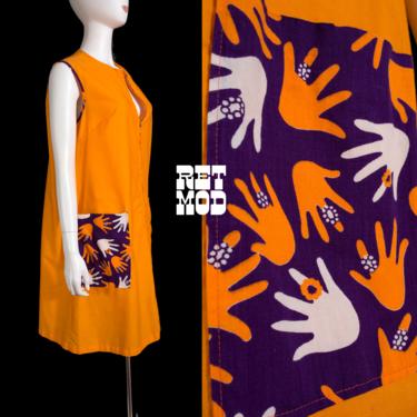 FANTASTIC and RARE Vintage 60s 70s Orange &amp; Purple Psychedelic Hands with Rings Novelty Print Cotton Smock Dress 