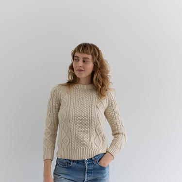 Vintage Cream Cableknit Sweater | Irish Ireland Crew Fisherman Jumper | XS | 