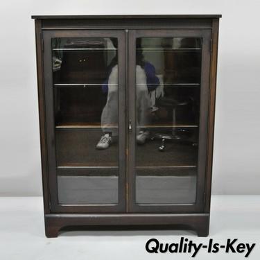 Antique Double Glass Door Alligatored Mahogany Finish Bookcase Display Cabinet