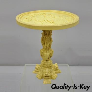 Vintage Carved White Celluloid Figural Oriental Round Side Accent Table