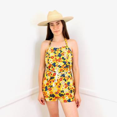 Daisy Playsuit // vintage 60s swimsuit jumper romper floral sunsuit bathing suit one piece swim suit cotton dress boho 70s 50s yellow // M/L 