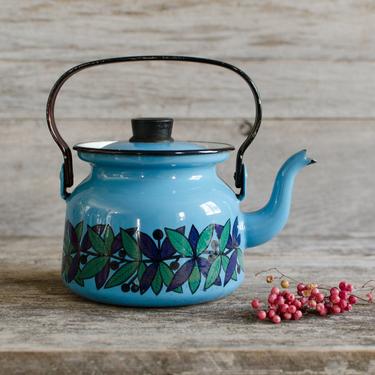 Vintage Blue Finel Enamelware Floral Design Coffee Teapot Kettle Arabia Finland - Mid Century 