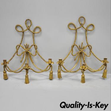 Pair Gold Gilt Italian Hollywood Regency Rope Tassel Wall Sconces Candle Holders