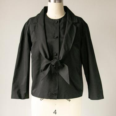 1950s Blouse Cotton Black Tailored Top M 