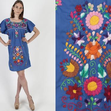 Royal Blue Mexican Dress Womens Mexican Puebla Fiesta Dress Vintage Bright Floral Hand Embroidered Beach Sun Mini Dress 