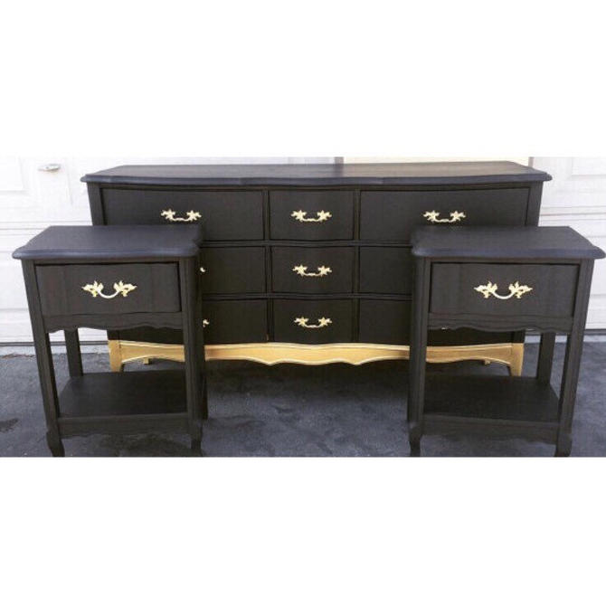 Black And Gold French Provincial Bedroom Set Dresser And Two Side