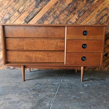 Mid Century Refinished Walnut Compact Dresser with Super Cool Original Knobs by Stanley 