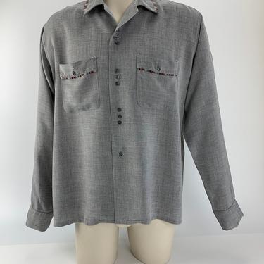 1950's Rayon Shirt - BRENT Label - Interesting Button Configuration - Striped Collar &amp; Patch Pocket Details - Mens Size Large 