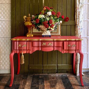 Red French Provincial Desk. French Vanity. Ruby Red French Provincial Vanity. Solid Wood Desk. Boho Foyer Table. Entrance Table. 
