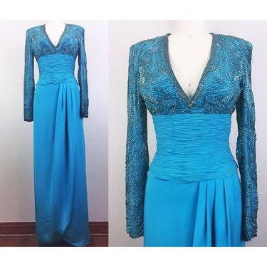 Vintage Blue Beaded Gown Silk Lillie Rubin Party Evening Dress 1990s S 