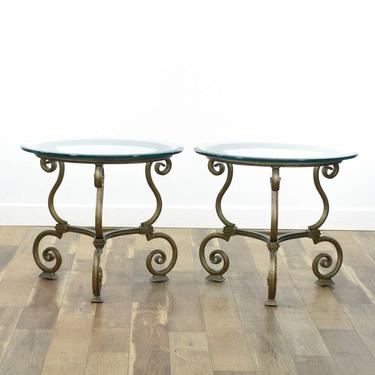 Pair Of Scrolled Metal End Tables W Heavy Glass Tops