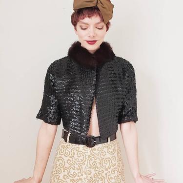 1950s Black Sequined Cropped Jacket Black Fox Fur Collar / 50s Evening Jacket Sparkly Glam Dressy M / Romea 