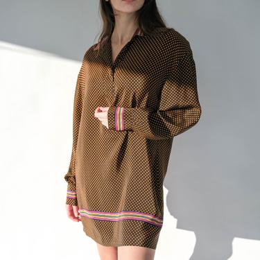 Vintage 80s Julie Francis Black Silk Bold Shoulder Tunic Dress w/ Orange Polkadot &amp; Vibrant Stripe Print | 100% Silk | 1980s Designer Blouse 