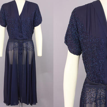 1940s Beaded Soutache Dress | Vintage 40s Blue Chiffon Cocktail Dress | medium / large 