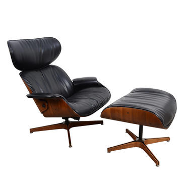 Mr. Chair designed by George Mulhauser Plycraft Black Leather Walnut Eames Style Lounge Chair &amp; Ottoman  Mid Century Modern 
