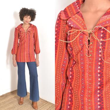 Vintage 1970s Blouse / 70s Corduroy Lace Up Tunic Top / Orange ( small S ) 