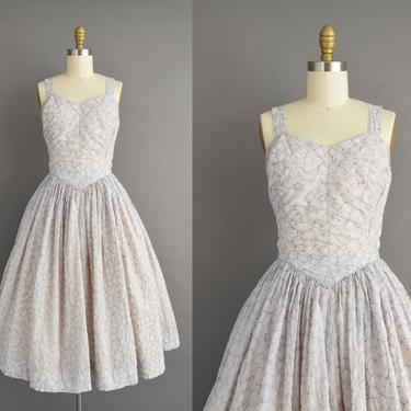 vintage 1950s dress | Dusty Gray Floral Print Sweeping Full Skirt Cocktail Party Dress | Small | 50s vintage dress 