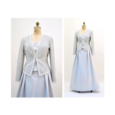 Vintage Grey Blue Evening Gown Skirt Beaded Jacket 3 Piece Set Grey Satin Gown Dress Small Medium Mother Of the Bride Dress by Lillie Rubin 