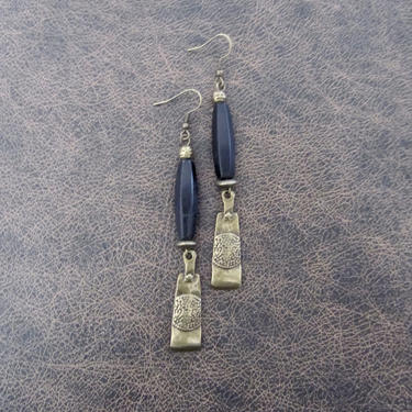 Mid century modern earrings, long black and etched bronze Afrocentric earrings, chic earrings, African earrings, bold statement earring 