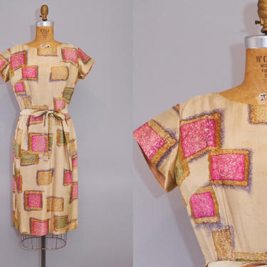 50s Silk Dress Mid Century Geometric Cocktail Dress 