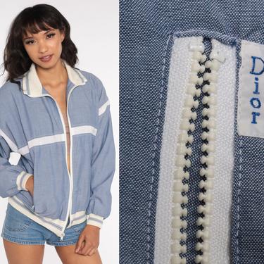 Vintage Christian Dior Jacket 80s Windbreaker Cotton Bomber Jacket Striped Retro Sports Blue White Hipster 1980s Preppy Medium 