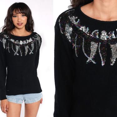 Black Sequin Sweater 80s Beaded Wool Silk Angora Sweater Slouchy Pullover Jumper Sweater 90s Vintage Party Holiday Sweater Medium 