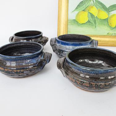 Beautiful Set of 4 Vintage Blue Glazed Ceramic Hand Made Bowls with Handles 