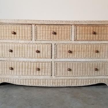 Vintage Coastal Boho Chic Woven Rattan 7 Drawers Dresser 