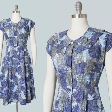 Vintage 1940s 1950s Dress | 40s 50s Blue Cotton Patchwork Printed Shirtwaist Day Dress with Pockets (small/medium) 